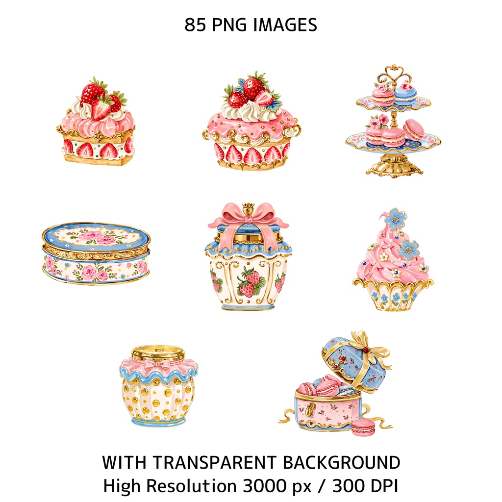 かわいいうさぎとティーパーティー クリップアート素材集 85点|透過PNG・300DPI|コテージコア・うさぎイラスト