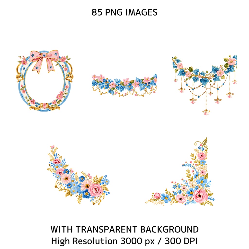 かわいいうさぎとティーパーティー クリップアート素材集 85点|透過PNG・300DPI|コテージコア・うさぎイラスト