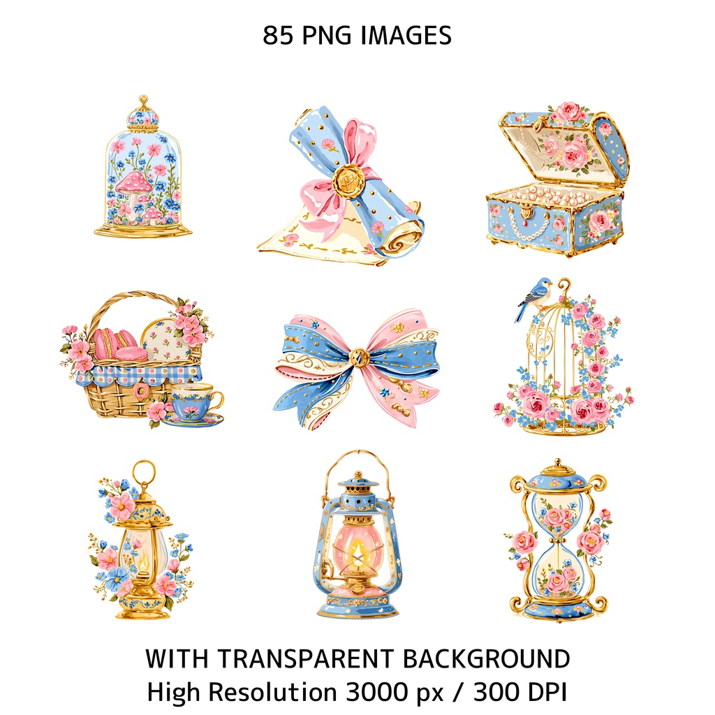 かわいいうさぎとティーパーティー クリップアート素材集 85点|透過PNG・300DPI|コテージコア・うさぎイラスト