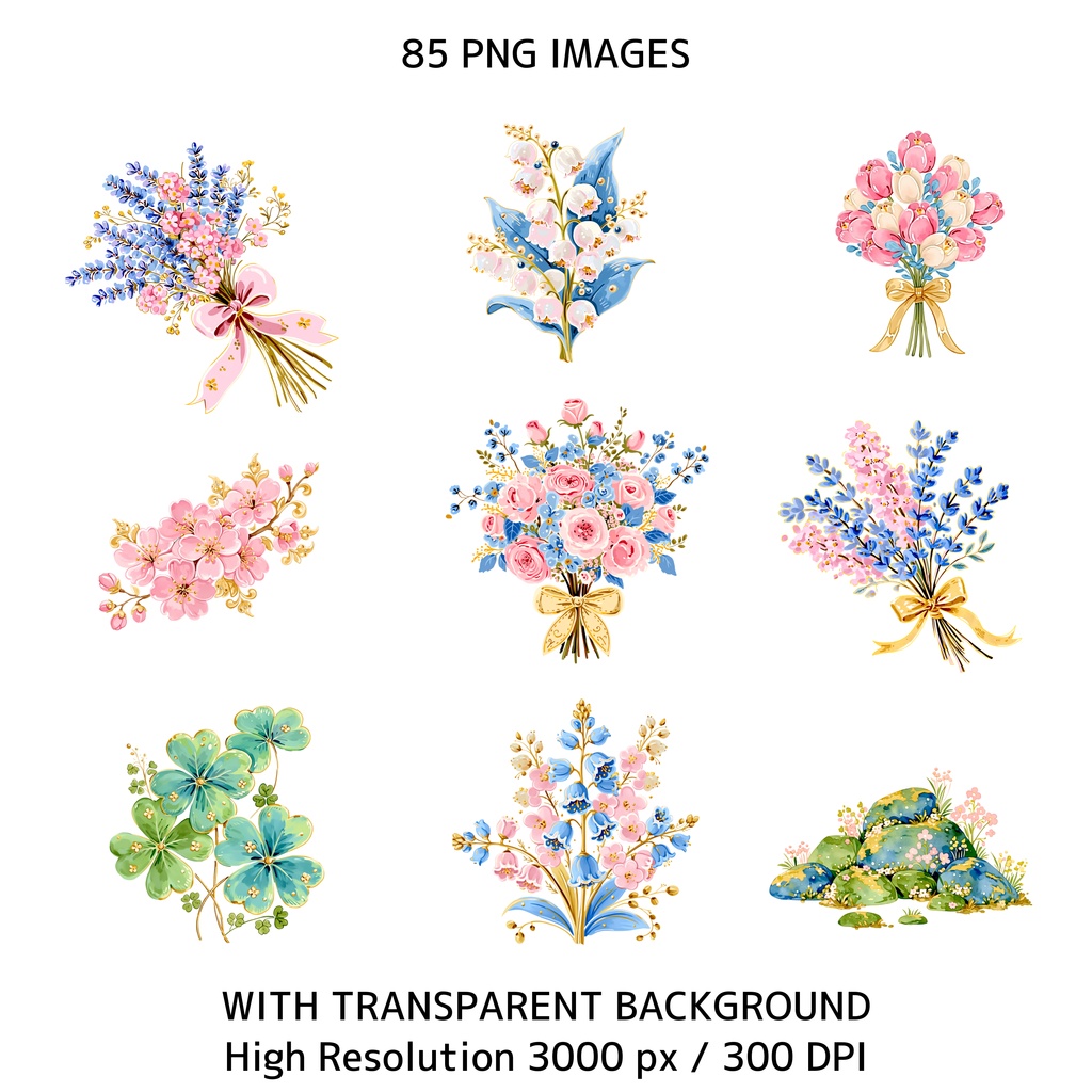 かわいいうさぎとティーパーティー クリップアート素材集 85点|透過PNG・300DPI|コテージコア・うさぎイラスト