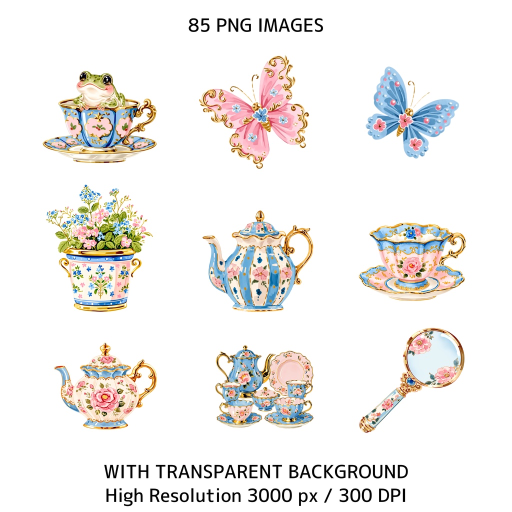 かわいいうさぎとティーパーティー クリップアート素材集 85点|透過PNG・300DPI|コテージコア・うさぎイラスト