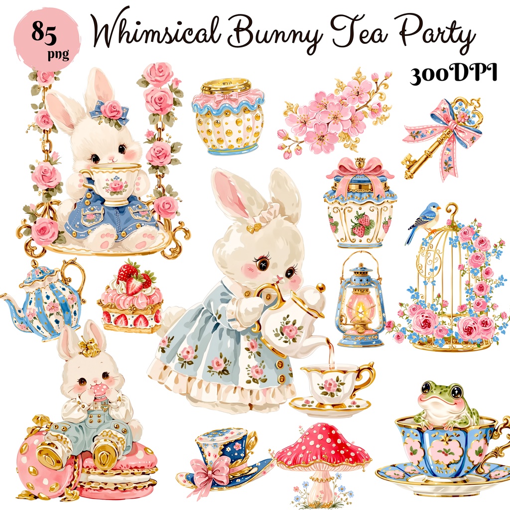 かわいいうさぎとティーパーティー クリップアート素材集 85点|透過PNG・300DPI|コテージコア・うさぎイラスト