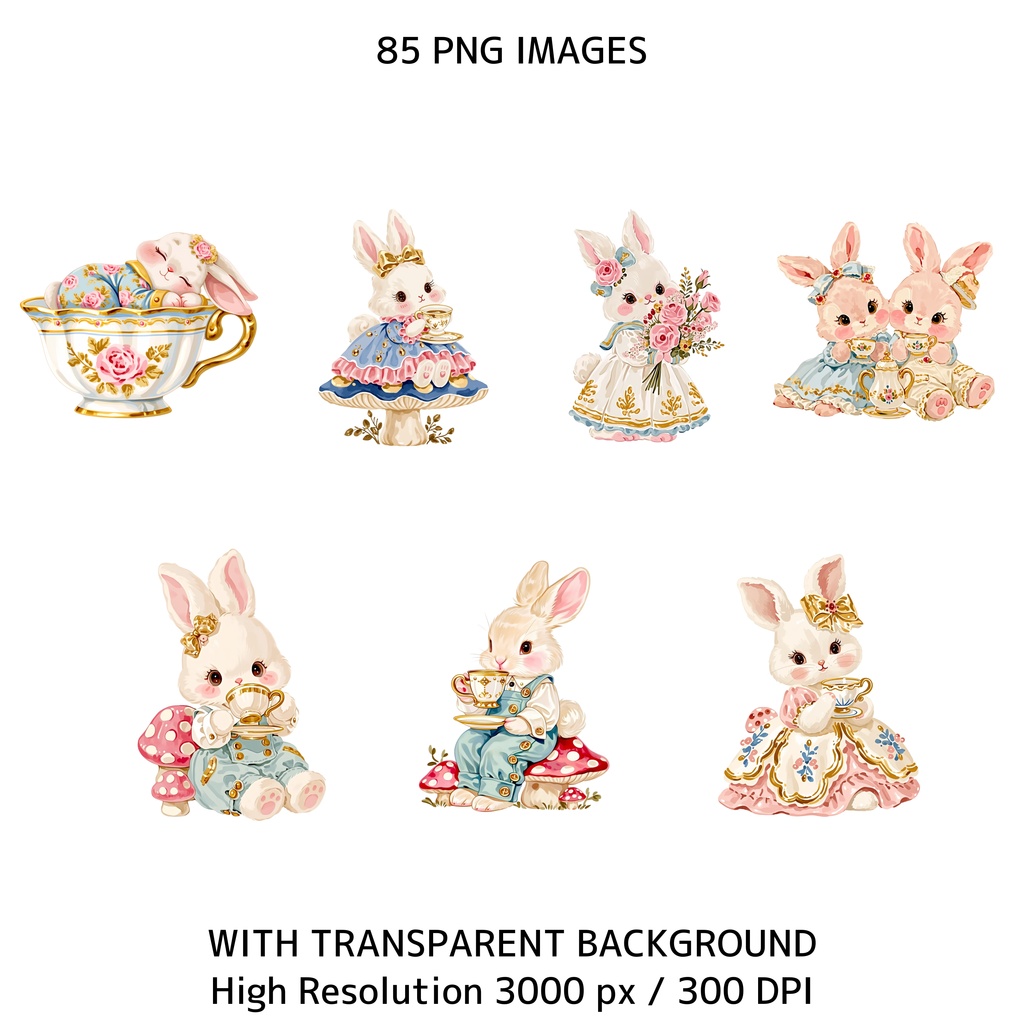 かわいいうさぎとティーパーティー クリップアート素材集 85点|透過PNG・300DPI|コテージコア・うさぎイラスト