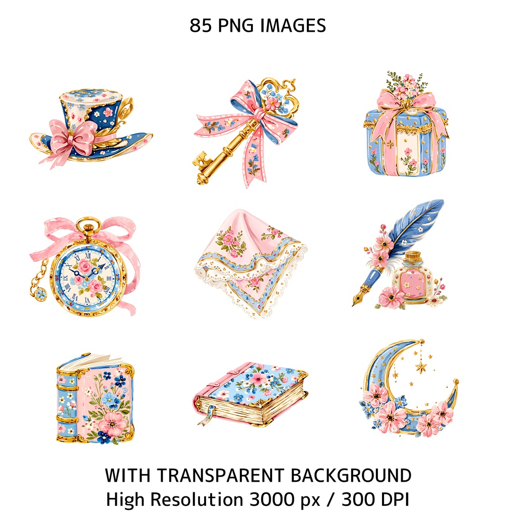 かわいいうさぎとティーパーティー クリップアート素材集 85点|透過PNG・300DPI|コテージコア・うさぎイラスト