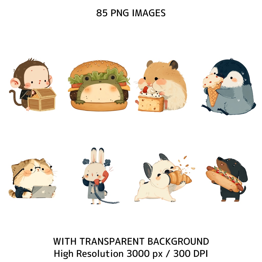ファンアニマル クリップアート素材集 85点|透過PNG・300DPI|かわいい動物イラスト・商用利用OK