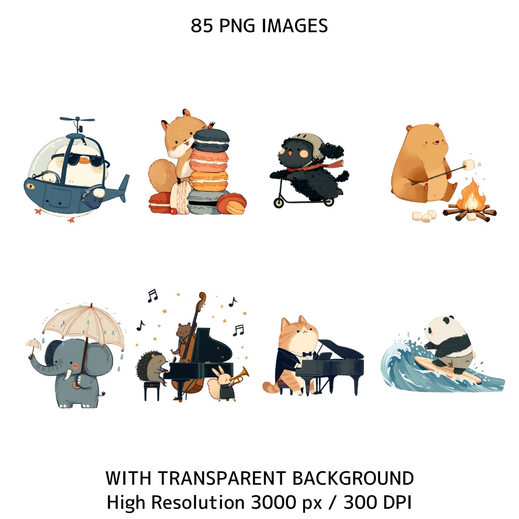 ファンアニマル クリップアート素材集 85点|透過PNG・300DPI|かわいい動物イラスト・商用利用OK