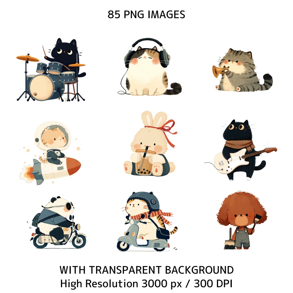 ファンアニマル クリップアート素材集 85点|透過PNG・300DPI|かわいい動物イラスト・商用利用OK