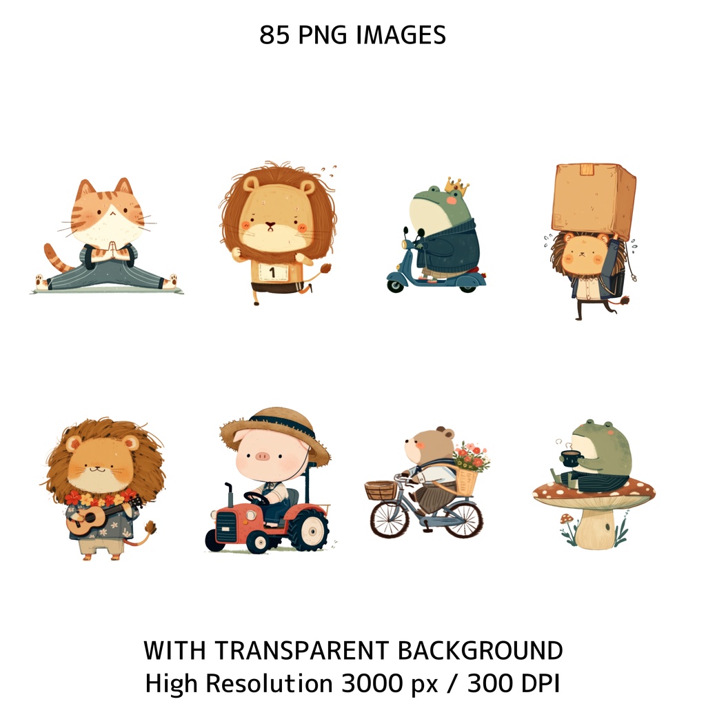 ファンアニマル クリップアート素材集 85点|透過PNG・300DPI|かわいい動物イラスト・商用利用OK