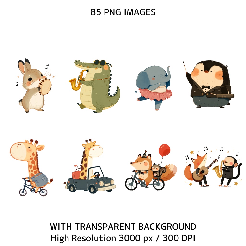 ファンアニマル クリップアート素材集 85点|透過PNG・300DPI|かわいい動物イラスト・商用利用OK