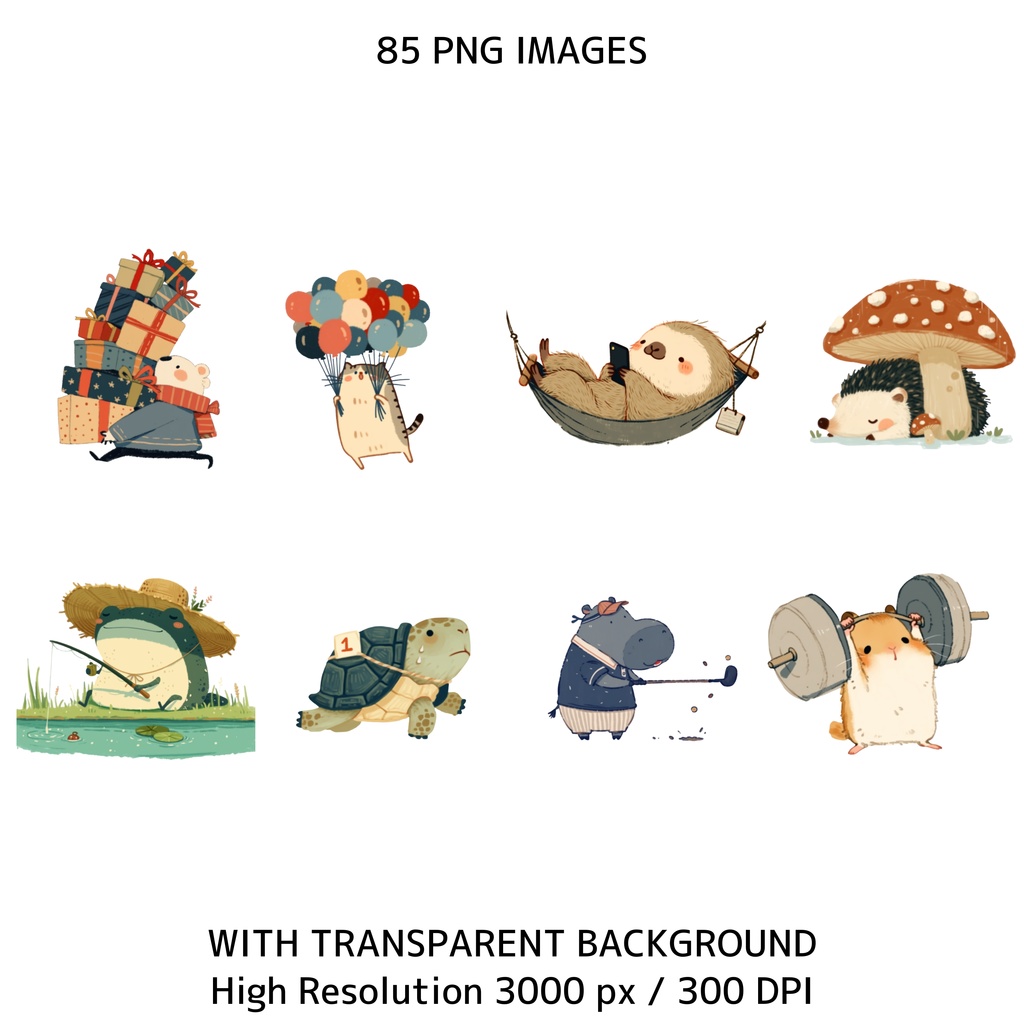 ファンアニマル クリップアート素材集 85点|透過PNG・300DPI|かわいい動物イラスト・商用利用OK