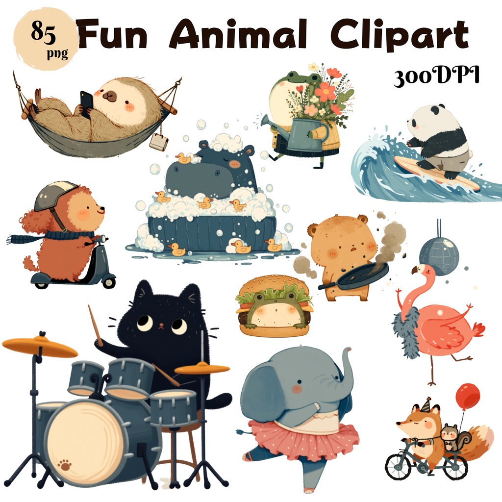 ファンアニマル クリップアート素材集 85点|透過PNG・300DPI|かわいい動物イラスト・商用利用OK