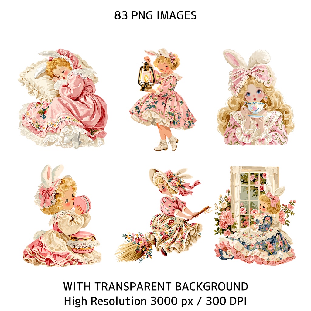 ソフトガール うさぎ耳女の子 クリップアート バンドル 83点 PNG|ジャンクジャーナル スクラップブッキング