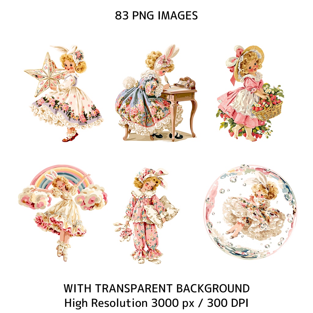 ソフトガール うさぎ耳女の子 クリップアート バンドル 83点 PNG|ジャンクジャーナル スクラップブッキング