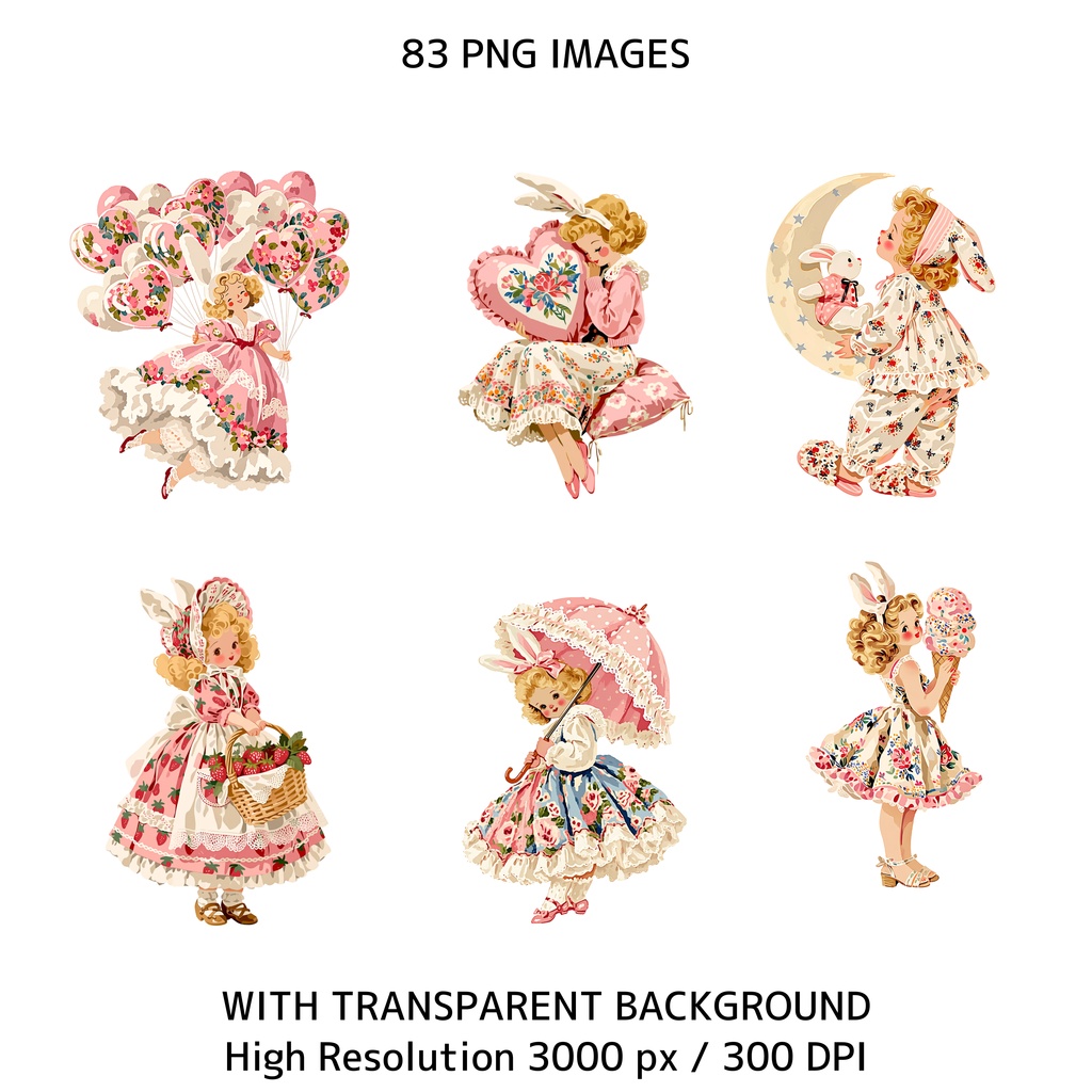 ソフトガール うさぎ耳女の子 クリップアート バンドル 83点 PNG|ジャンクジャーナル スクラップブッキング