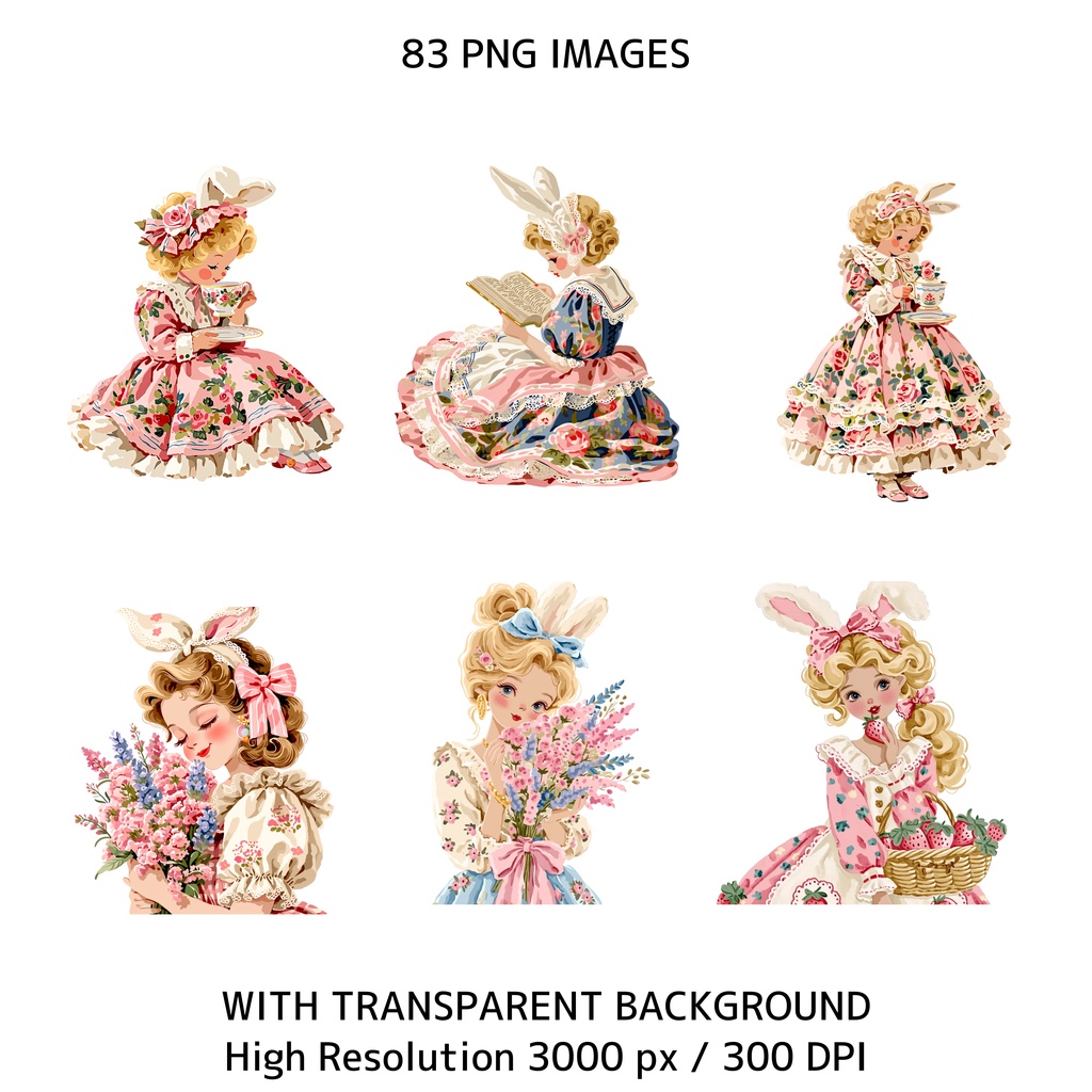 ソフトガール うさぎ耳女の子 クリップアート バンドル 83点 PNG|ジャンクジャーナル スクラップブッキング