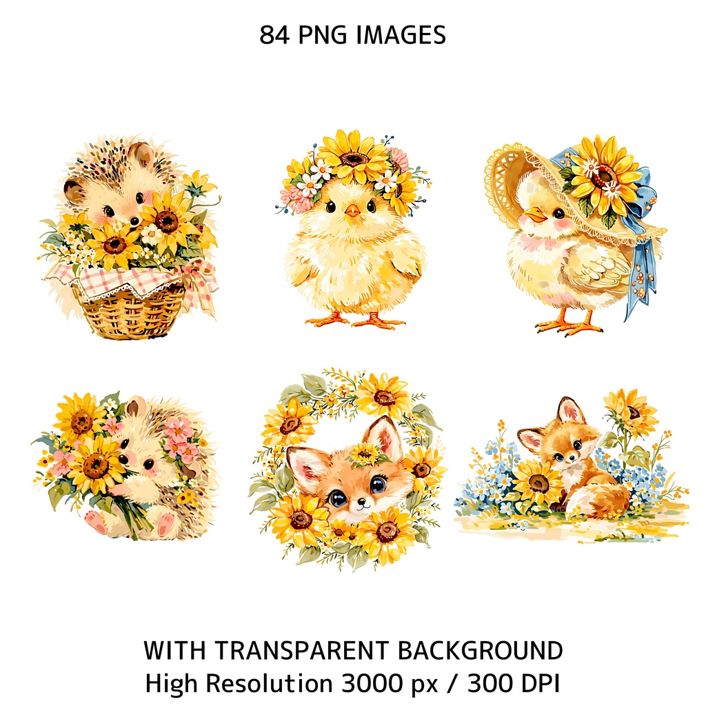 ひまわりコテージコア クリップアートバンドル|84点 水彩 PNG 透過背景|かわいい動物&花イラスト素材