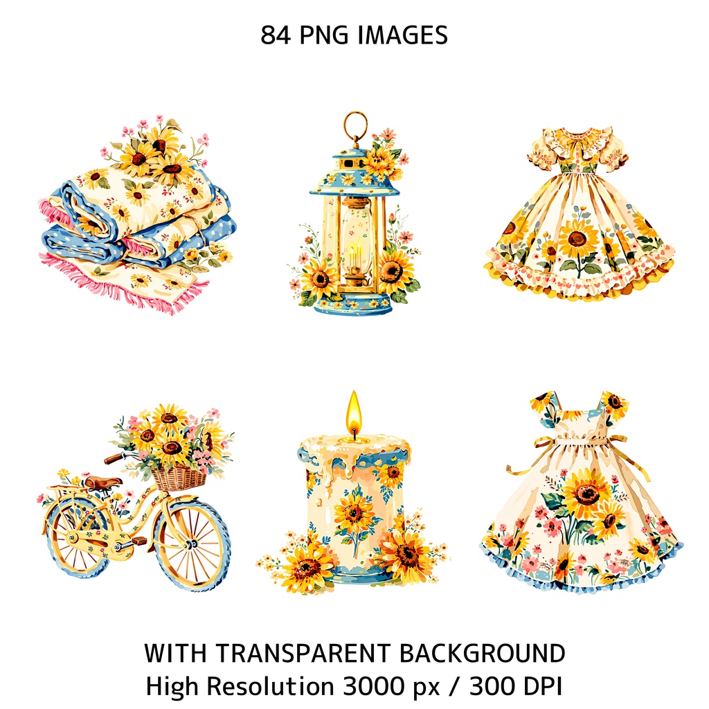 ひまわりコテージコア クリップアートバンドル|84点 水彩 PNG 透過背景|かわいい動物&花イラスト素材