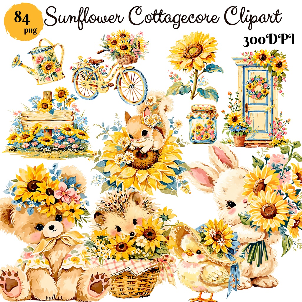 ひまわりコテージコア クリップアートバンドル｜84点 水彩 PNG 透過背景｜かわいい動物＆花イラスト素材