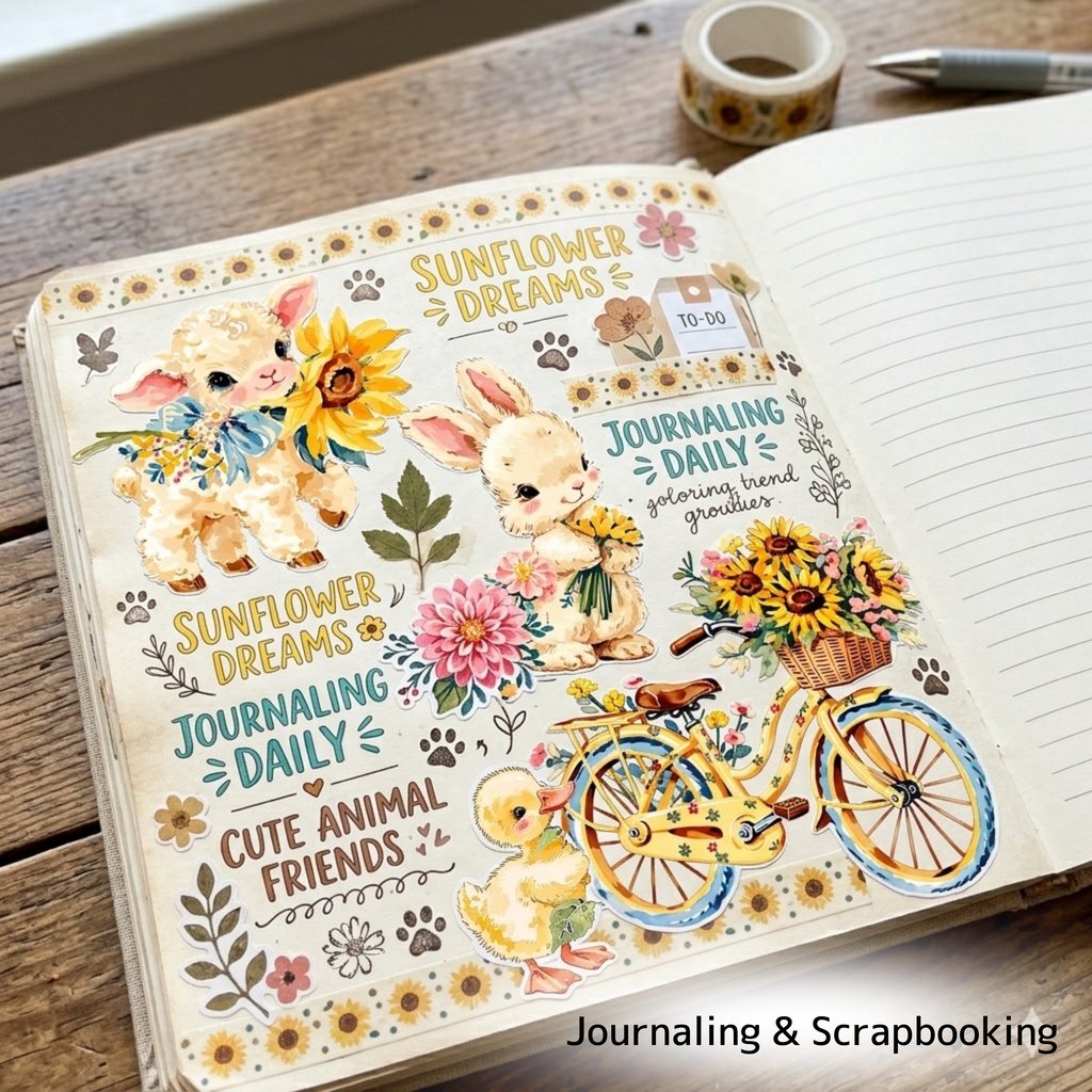 ひまわりコテージコア クリップアートバンドル|84点 水彩 PNG 透過背景|かわいい動物&花イラスト素材