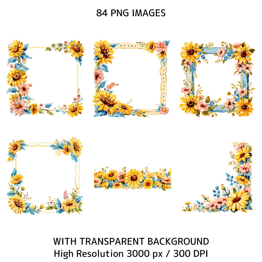 ひまわりコテージコア クリップアートバンドル|84点 水彩 PNG 透過背景|かわいい動物&花イラスト素材