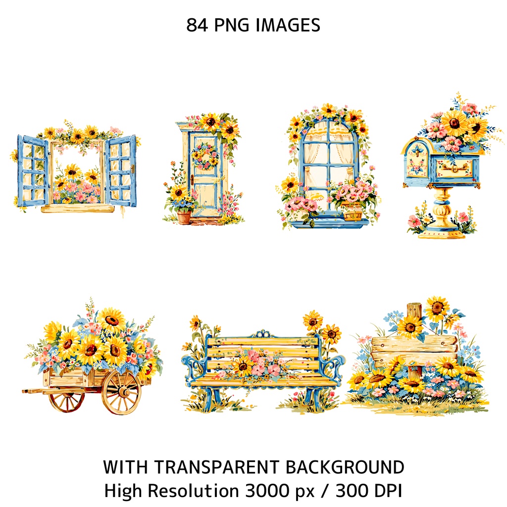 ひまわりコテージコア クリップアートバンドル|84点 水彩 PNG 透過背景|かわいい動物&花イラスト素材