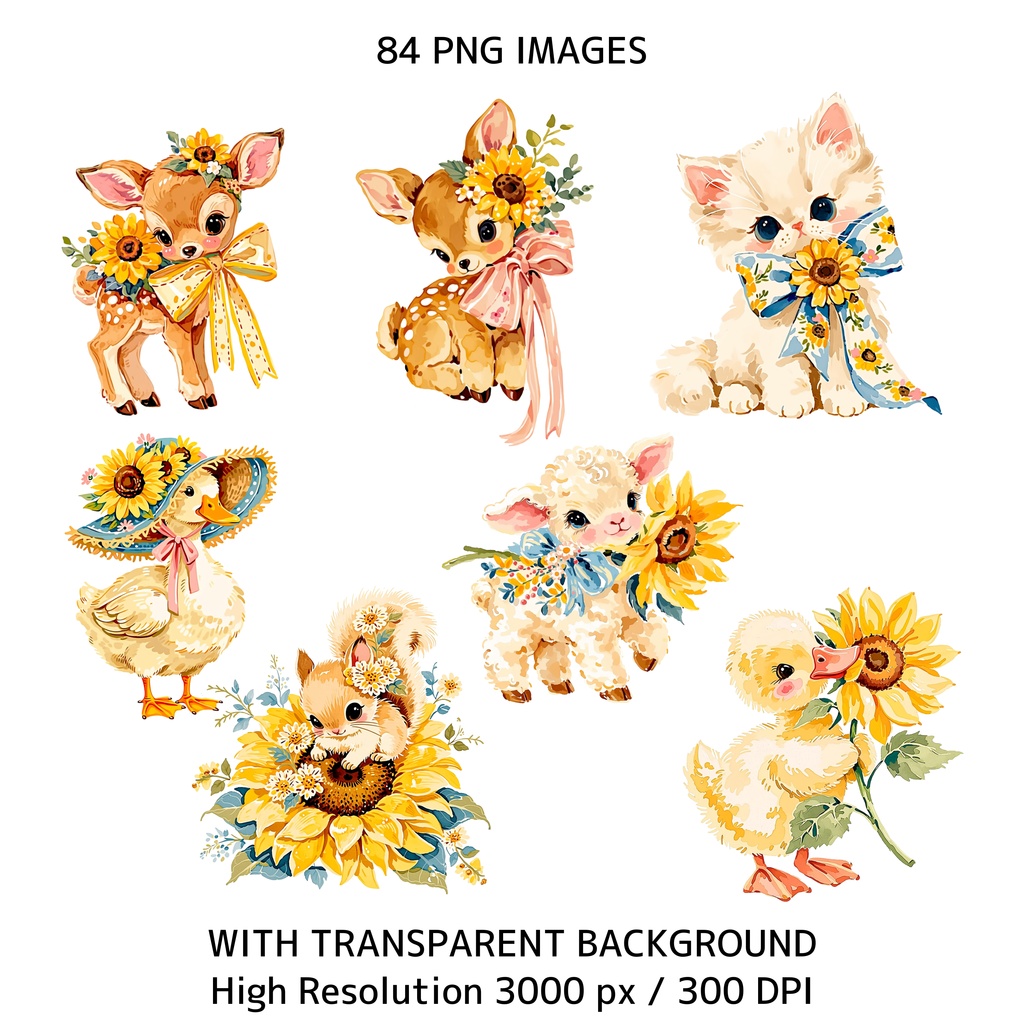 ひまわりコテージコア クリップアートバンドル|84点 水彩 PNG 透過背景|かわいい動物&花イラスト素材