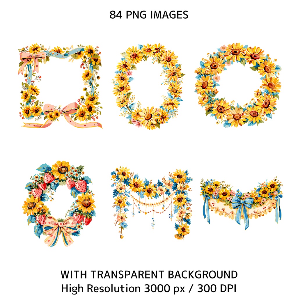 ひまわりコテージコア クリップアートバンドル|84点 水彩 PNG 透過背景|かわいい動物&花イラスト素材