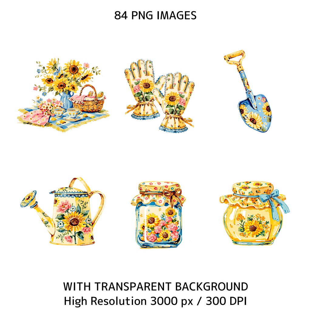 ひまわりコテージコア クリップアートバンドル|84点 水彩 PNG 透過背景|かわいい動物&花イラスト素材