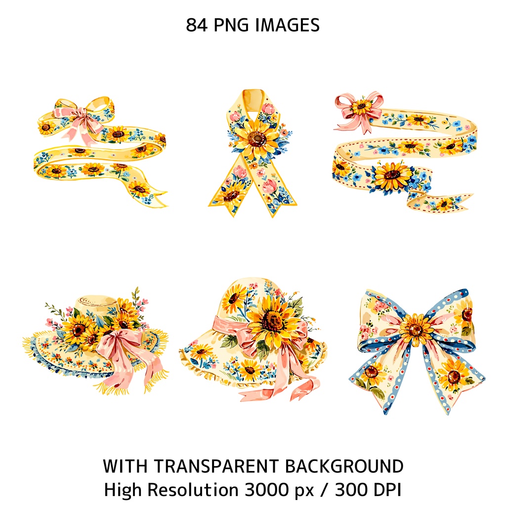 ひまわりコテージコア クリップアートバンドル|84点 水彩 PNG 透過背景|かわいい動物&花イラスト素材