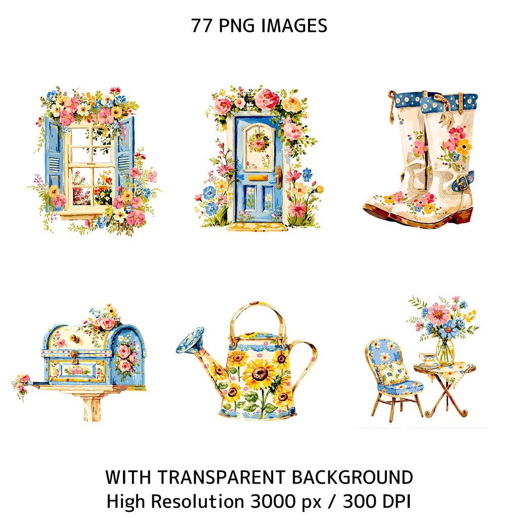 サマーコテージコア クリップアートバンドル|77点 水彩 PNG 透過背景|かわいい動物&ビーチ素材