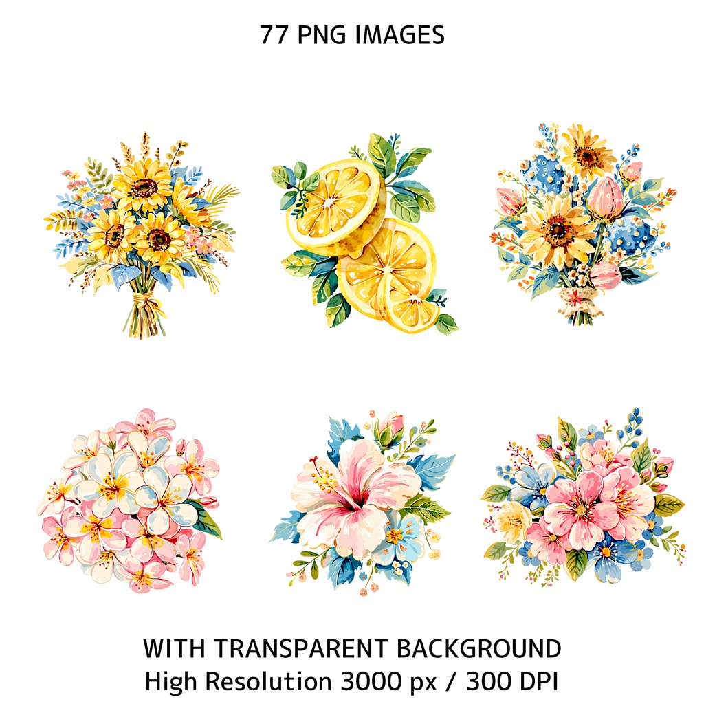 サマーコテージコア クリップアートバンドル|77点 水彩 PNG 透過背景|かわいい動物&ビーチ素材