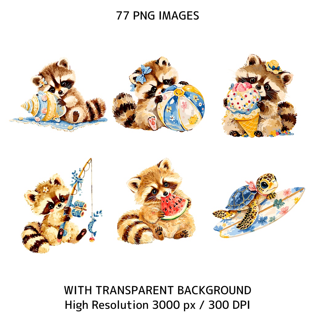 サマーコテージコア クリップアートバンドル|77点 水彩 PNG 透過背景|かわいい動物&ビーチ素材