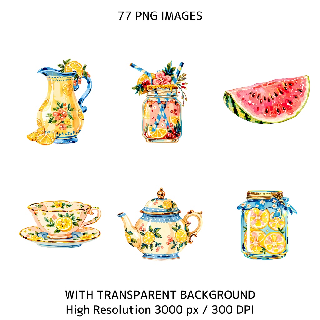 サマーコテージコア クリップアートバンドル|77点 水彩 PNG 透過背景|かわいい動物&ビーチ素材