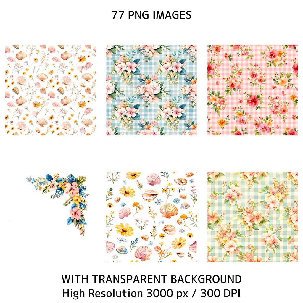 サマーコテージコア クリップアートバンドル|77点 水彩 PNG 透過背景|かわいい動物&ビーチ素材