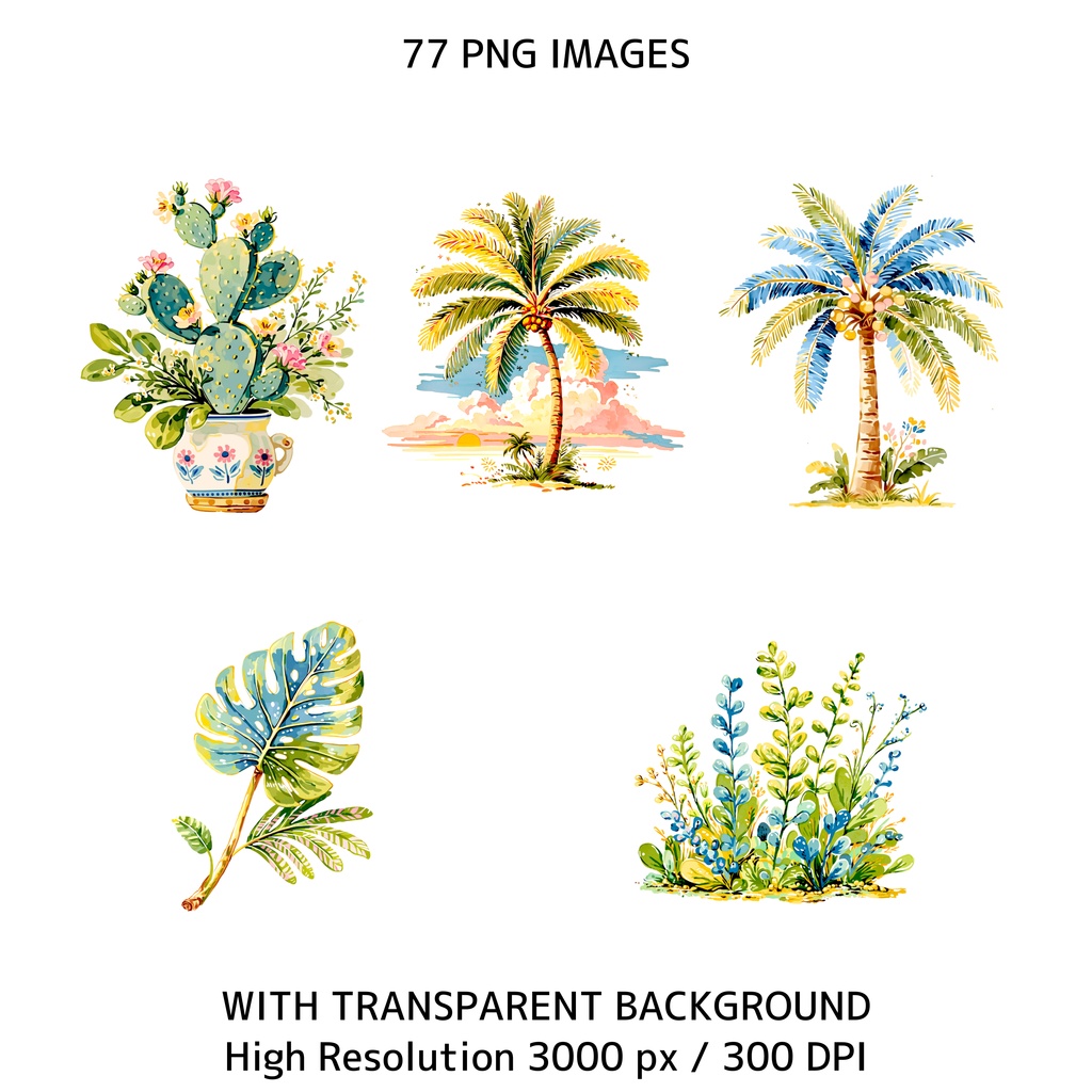 サマーコテージコア クリップアートバンドル|77点 水彩 PNG 透過背景|かわいい動物&ビーチ素材