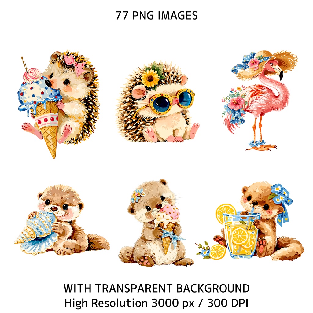 サマーコテージコア クリップアートバンドル|77点 水彩 PNG 透過背景|かわいい動物&ビーチ素材