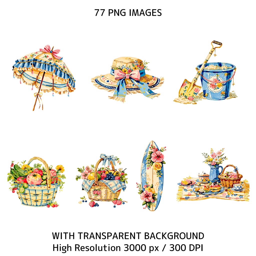 サマーコテージコア クリップアートバンドル|77点 水彩 PNG 透過背景|かわいい動物&ビーチ素材