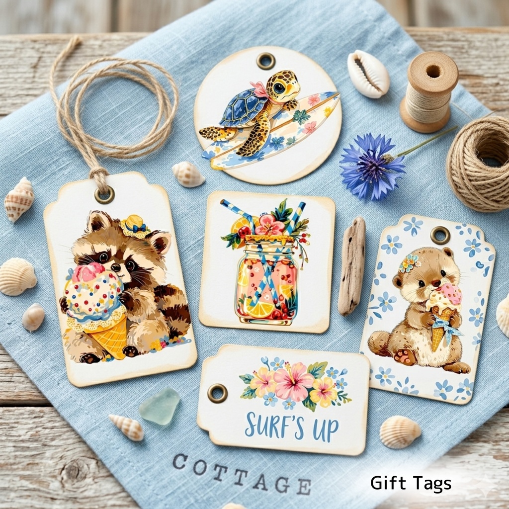 サマーコテージコア クリップアートバンドル|77点 水彩 PNG 透過背景|かわいい動物&ビーチ素材