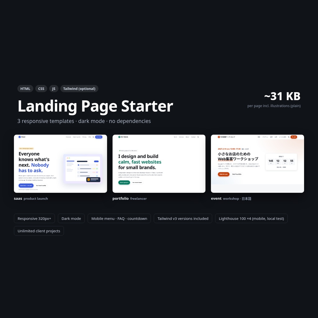 ランディングページ スターター｜HTML/CSS/JS テンプレート3種（Tailwind版つき・商用利用可）