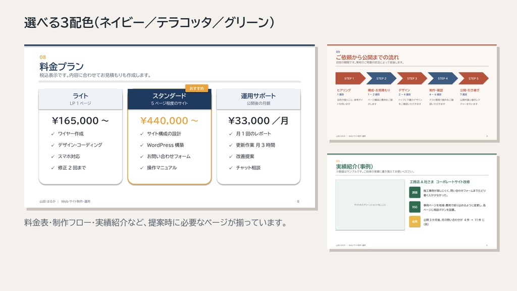 フリーランスの営業資料テンプレート|自己紹介・実績・料金表・進め方まで12枚×3配色【PowerPoint・サンプル文章入り】