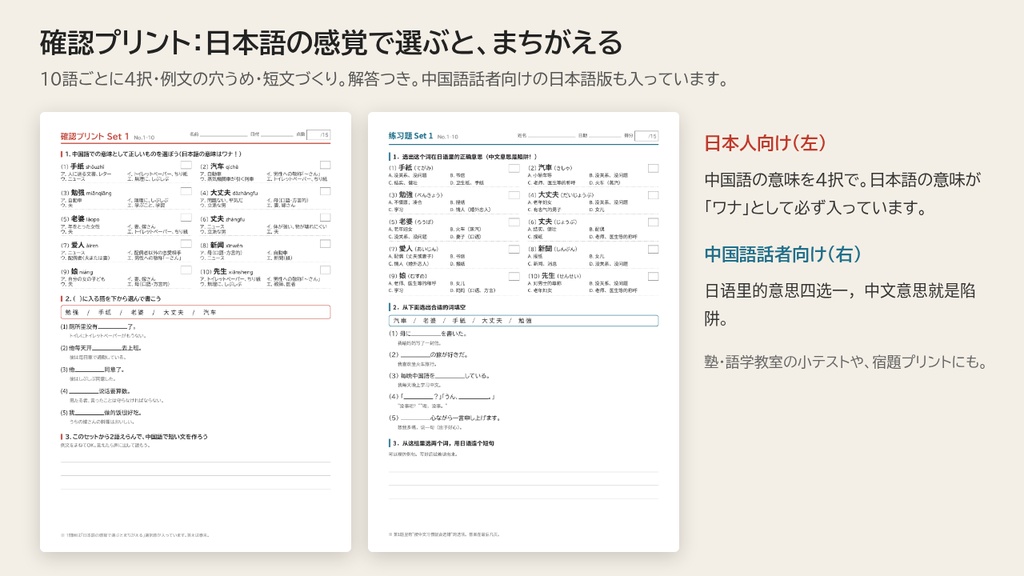 日中で意味がちがう漢字語90|単語カード・確認プリント・Anki・学習記録シート【日本人向け/中国語話者向け】