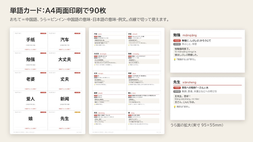 日中で意味がちがう漢字語90|単語カード・確認プリント・Anki・学習記録シート【日本人向け/中国語話者向け】