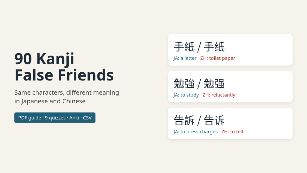 90 Kanji False Friends — Japanese/Chinese look-alike words explained in English (PDF + Anki)
