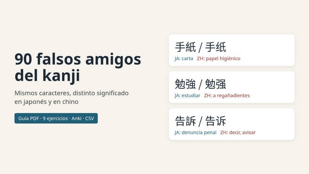 90 falsos amigos del kanji: japonés y chino, mismas letras, otro significado (PDF + ejercicios + Anki)