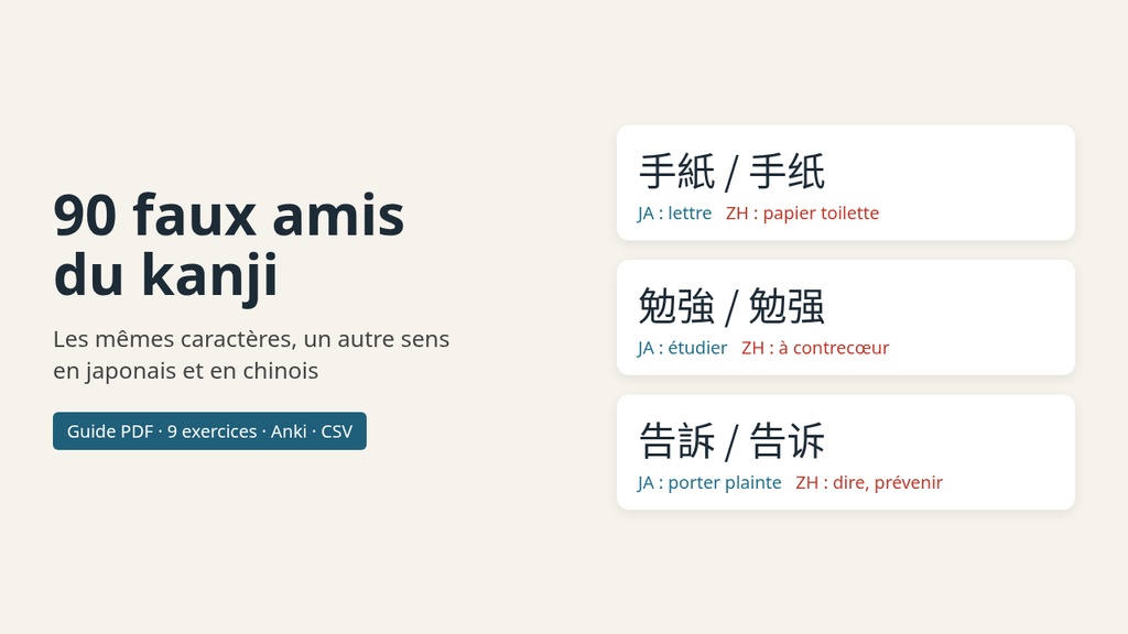 90 faux amis du kanji｜日本語と中国語で意味が違う漢字（フランス語版 PDF+Anki）