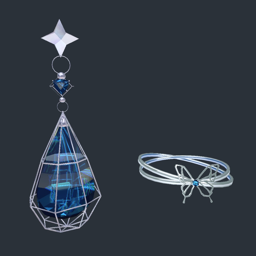 Butterfly ring & Drop pierced earrings SET