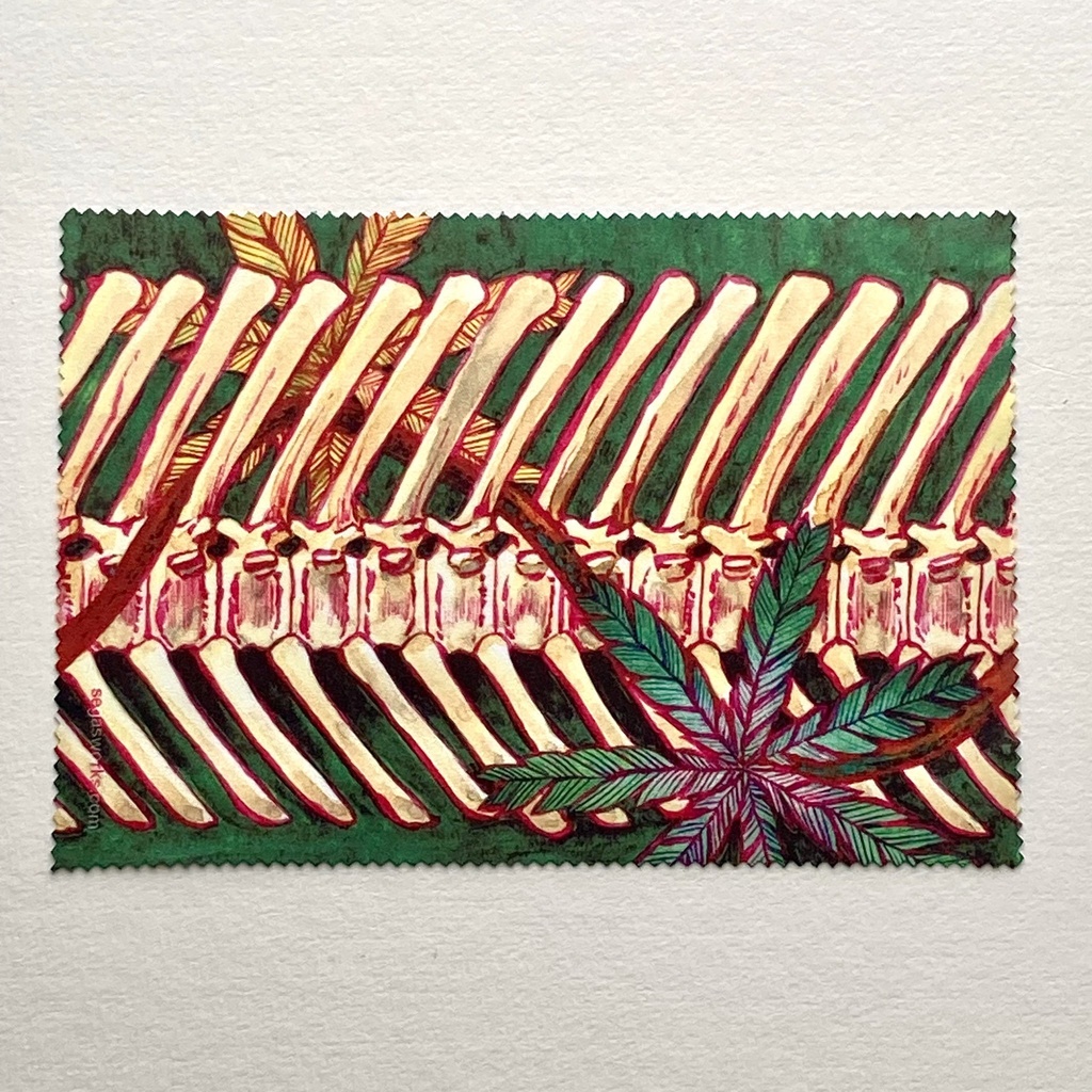 恐竜の骨イラストと植物のパターン メガネ拭き