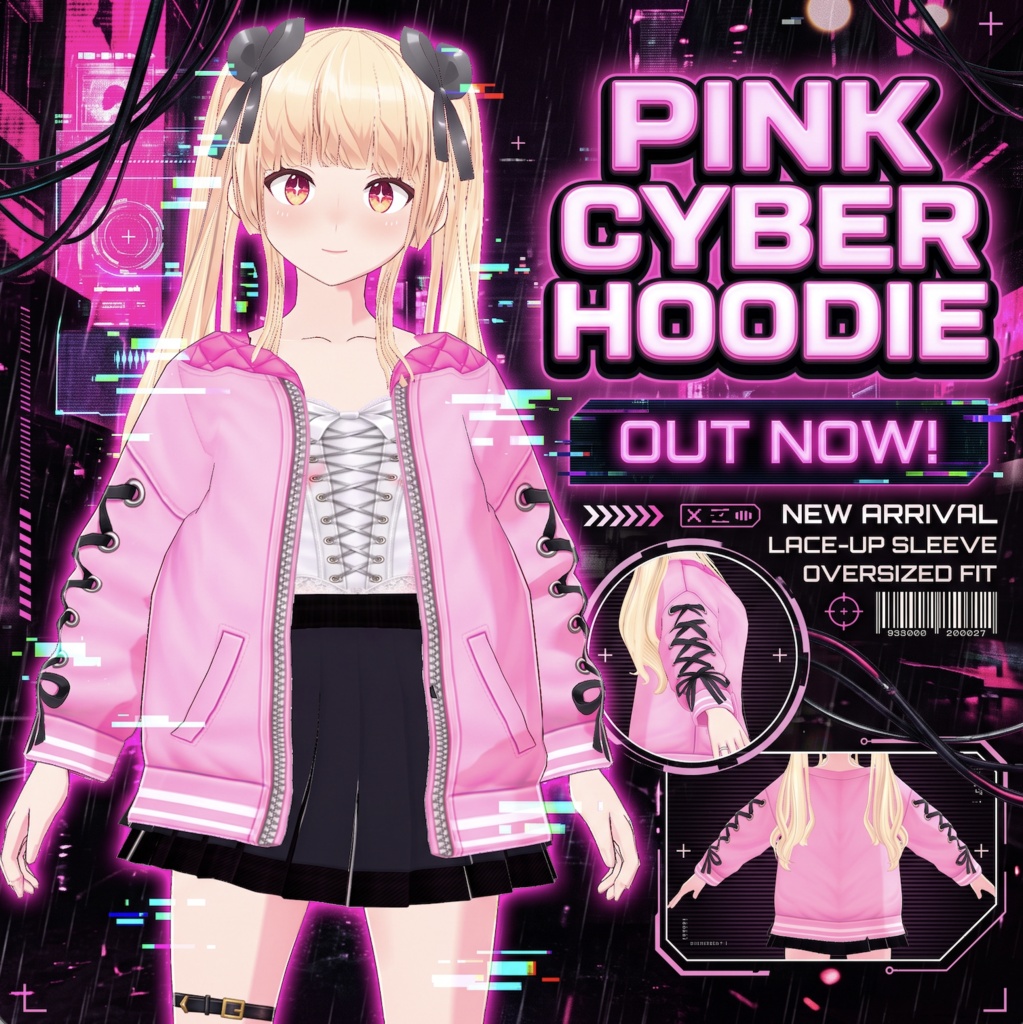 【FREE】ピンクの編み上げリボンパーカー【VRoid Studio】PINK RIBBON HOODIE 핑크×블랙 레이스업 디테일과 리본이 포인트인 VRoid Studio용 후드티
