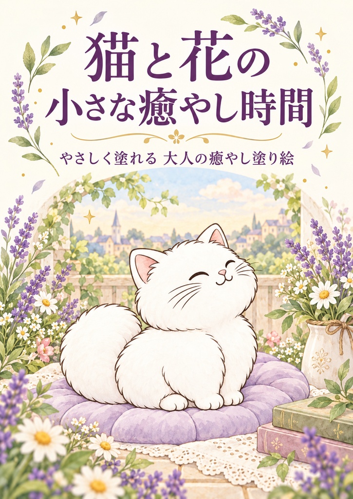 猫と花の小さな癒やし時間｜やさしく塗れる大人の癒やし塗り絵 PDF・全10作品