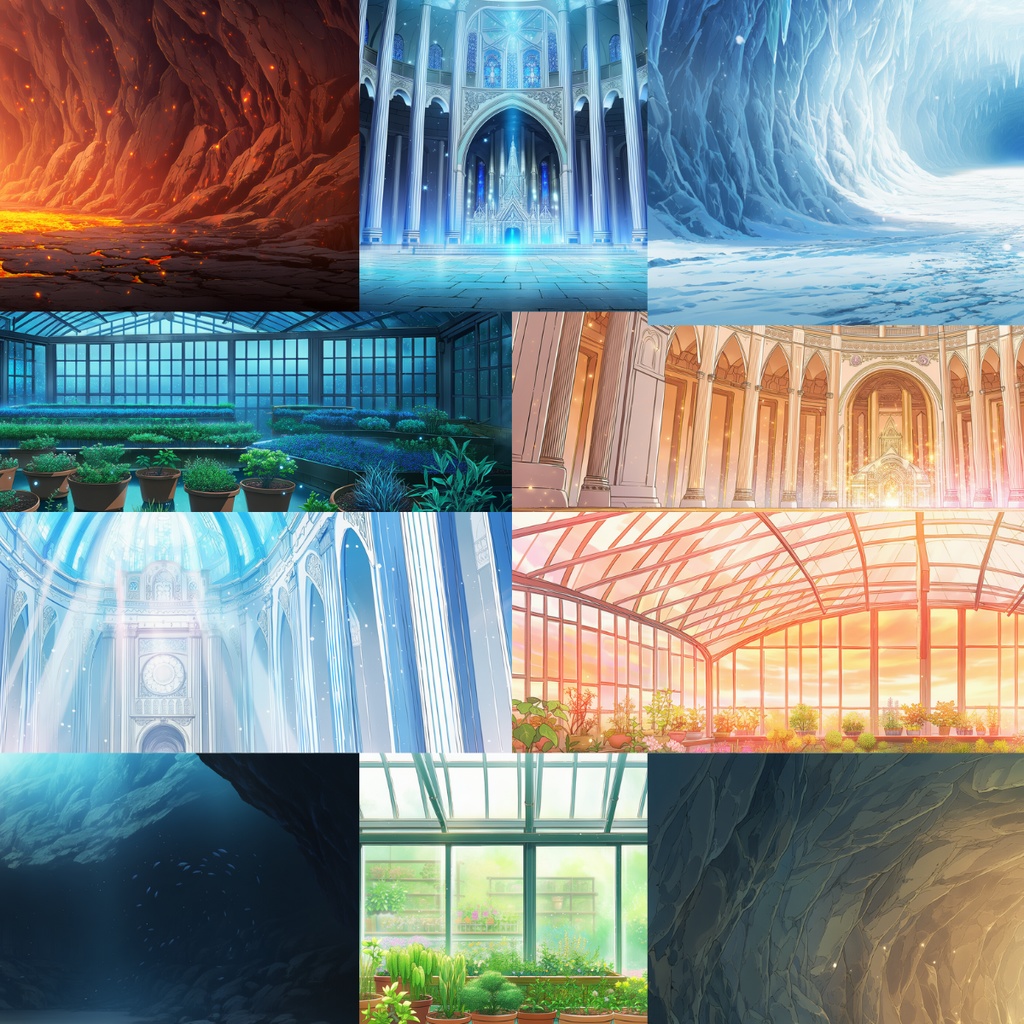 光が住む場所 ── 洞窟・聖堂・温室 背景イラスト集(全10枚)